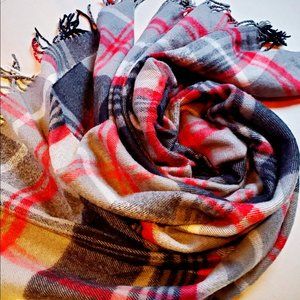Large Oversized Scarf Wrap Plaid Tartan Fringe Grey Red